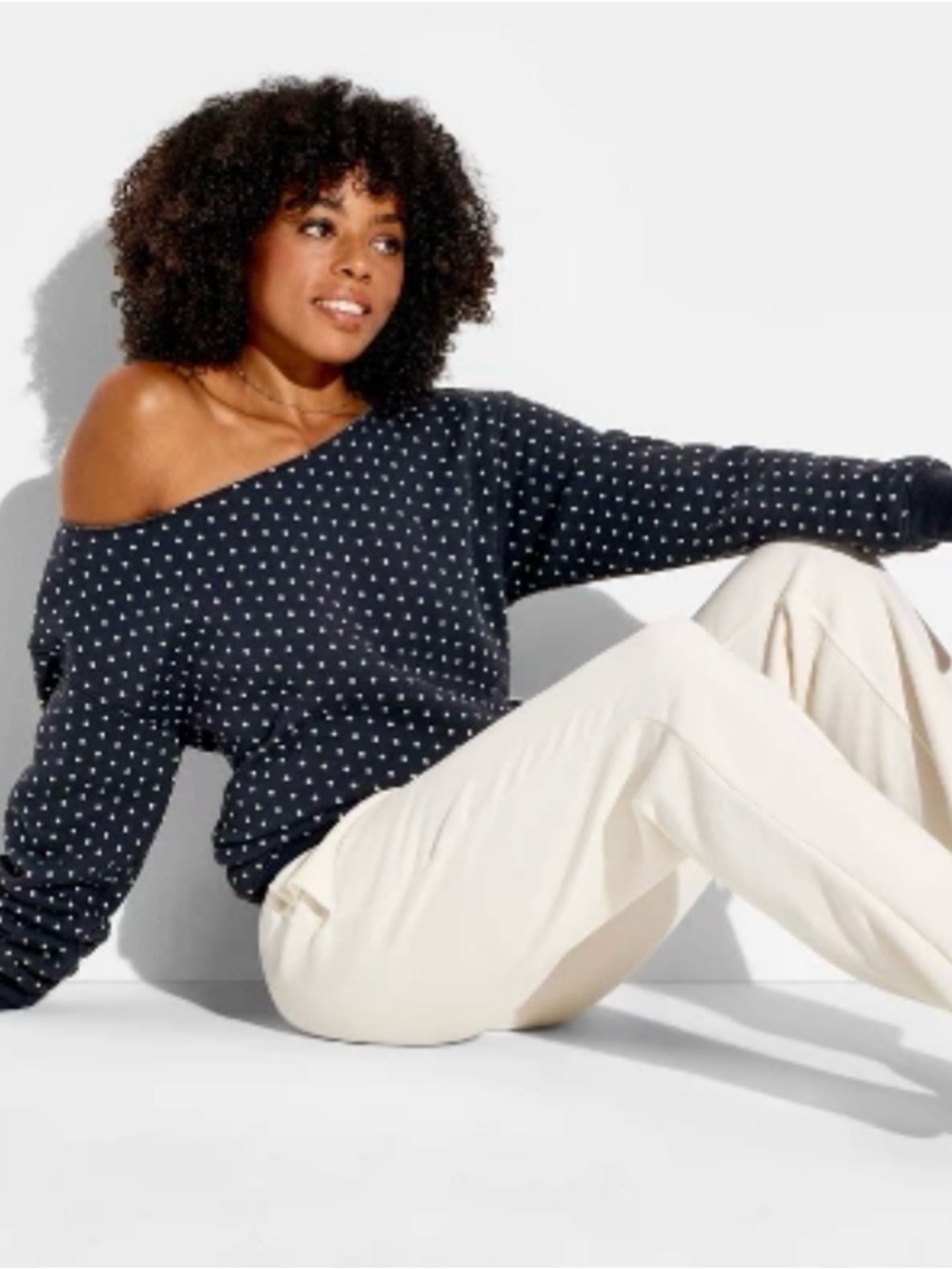 Wild Fable Off-The-Shoulder Polka Dot Sweatshirt Navy Blue Large NWT